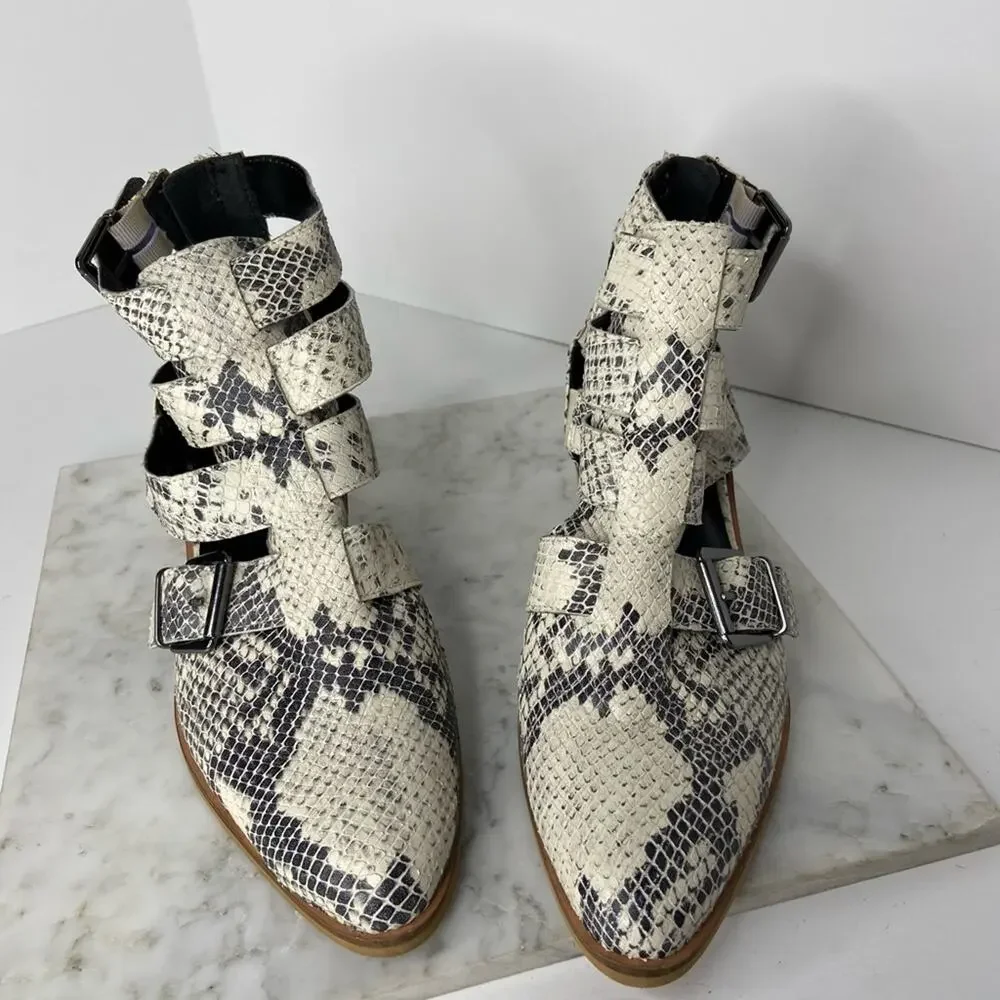 New Crevo Python Snakeskin Ankle Boots Cream Leather Cutout Heeled Bootie 7.5